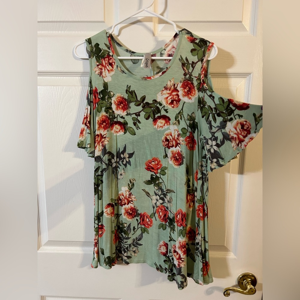 Cold shoulder green flowered blouse